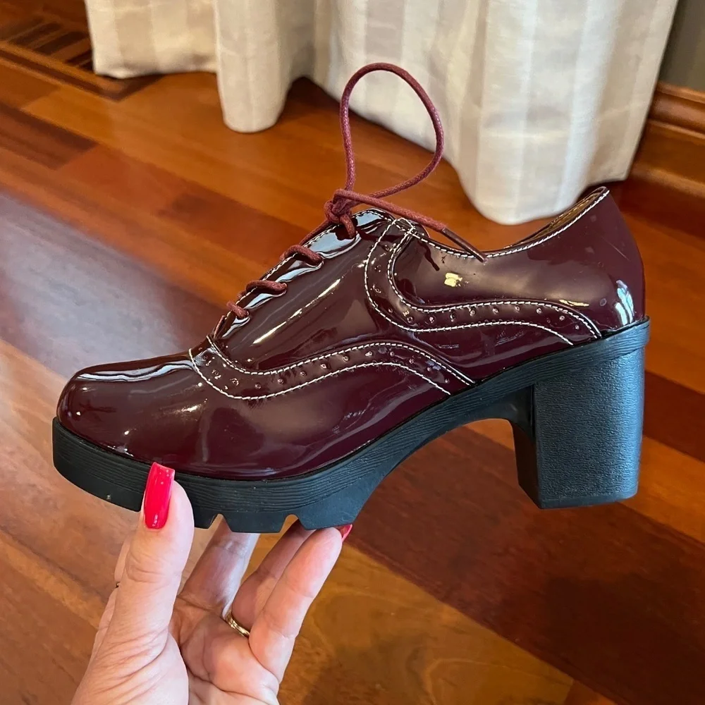 Dadawen Mary Jane Patent Burgundy Wine Leather Laced Heel Shoe, Size 38/40, 8
